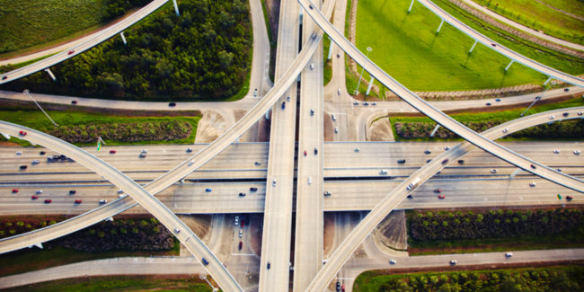 Aerial view of traffic and overpasses