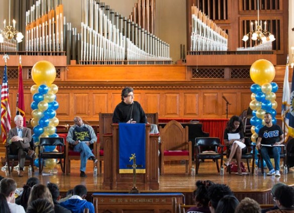 Chancellor Nicholas S. Zeppos addresses those gathered at Fisk University Jan. 14 for the 2017 MLK Day of Service. (Susan Urmy/Vanderbilt)