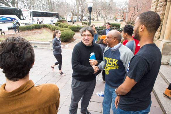 Chancellor Nicholas S. Zeppos greets Fisk University Interim President Frank Sims and students at the 2017 MLK Joint Day of Service. (Susan Urmy/Vanderbilt)