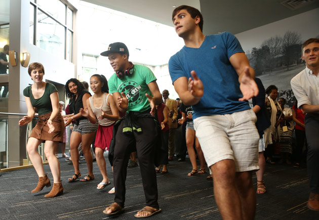 Students, staff and administrators could not resist moving to the beat of the Latin music that filled the third floor of Sarratt Student Center Sept. 19. (Anne Rayner/Vanderbilt)