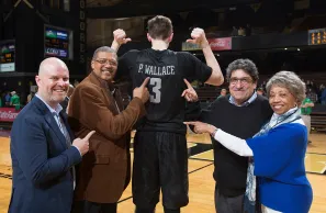 L-r: Andrew Maraniss, Willie Sweet, Luke Kornet, Chancellor Nicholas S. Zeppos and Jessie Wallace Jackson