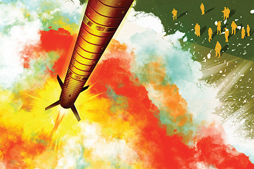 illustration of a rocket lifting off with a fiery explosion beneath it