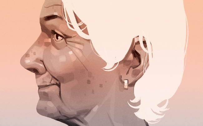 illustration of an elderly woman in profile with scientists rebuilding the top part of her head using bricks and mortar