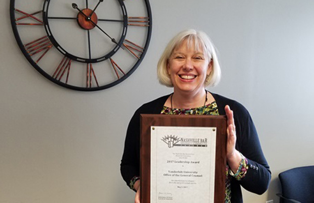 Vice Chancellor, General Counsel and University Secretary Audrey J. Anderson was recognized by the Nashville Bar Association with its Leadership Award. (Vanderbilt University)