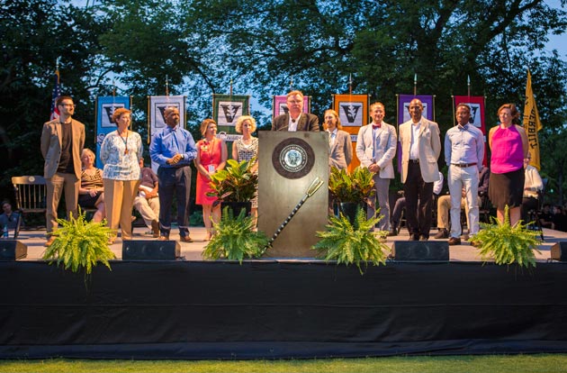 Interim Dean of The Martha Rivers Ingram Commons Gregory Melchor-Barz and the faculty heads of house address the new students. (Anne Rayner/Vanderbilt)