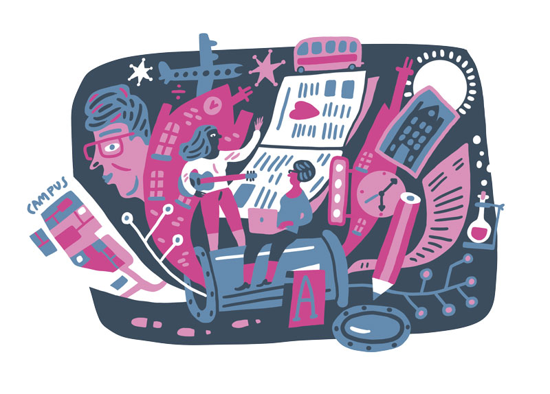 Pink, blue, black illustration of people sitting and standing on a time capsule cannister surrounded by a campus map, books, clocks, an airplane, telling the story of what's inside.