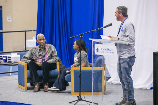 MLK Joint Day of Service. Civil rights activist and Freedom Rider Ernest “Rip” Patton shared with those in attendance prior to going to the service sites. (Anne Rayner/Vanderbilt)