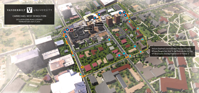 The yellow dashed line indicates the exclusion zone. People cannot be outside of buildings or on top of structures within the exclusion zone during the implosion of Tower 3 on July 27. (Layton Construction)
