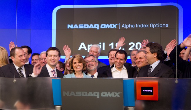Whaley-Sagi NASDAQ-group Robert Whaley and Jacob Sagi ring the opening bell
