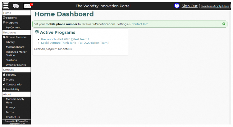 Screen shot of the Wond'ry Innovation Portal