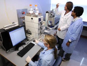 Scientists looking at computer