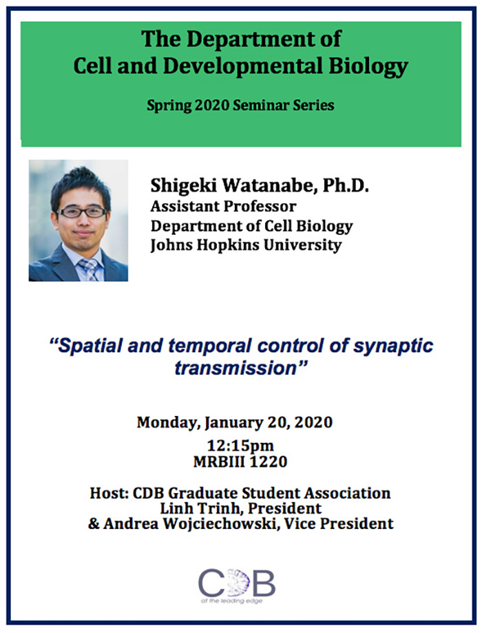 Shigeki Watanabe, assistant professor in the Department of Cell Biology at Johns Hopkins University, will discuss “Spatial and Temporal Control of Synaptic Transmission” on Monday, Jan. 20, beginning at 12:15 p.m. in MRBIII, Room 1220.