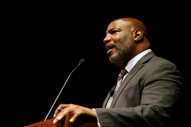 Columbia University professor and "New Yorker" writer Jelani Cobb spoke in Langford Auditorium Jan. 17 as part of the Chancellor's Lecture Series. (Steve Green/Vanderbilt)