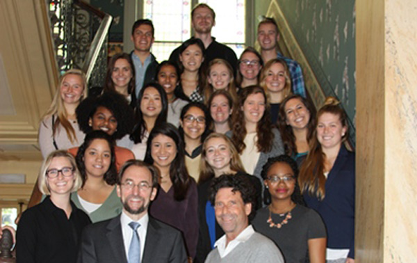 (Front row, left-right) Zeid Ra’ad Al Hussein and Robert Barsky and Vanderbilt students at the Palais Wilson in Geneva, Switzerland.