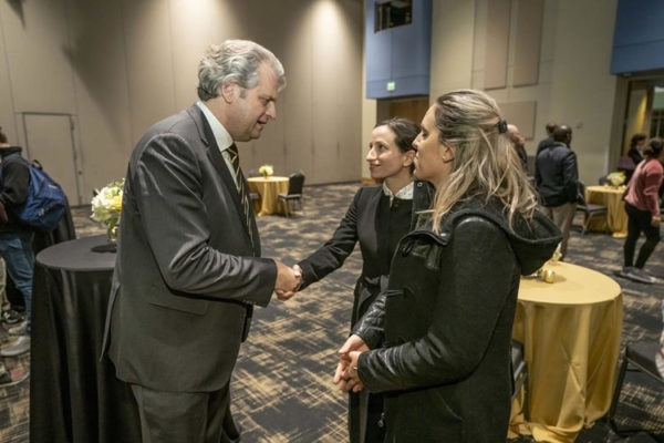 staff and community members gathered at the Student Life Center on Dec. 4 to greet Daniel Diermeier, who was named as Vanderbilt’s ninth chancellor earlier in the day. (John Russell/Vanderbilt)