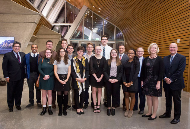 Ten freshmen engineering students who represent the first cohort of A. James Clark Scholars at Vanderbilt were recognized at a Nov. 1 dinner that marked the first time Courtney Clark Pastrick, daughter of the program’s namesake, was able to hear in person what the scholarship program means to these students. (Susan Urmy/Vanderbilt)