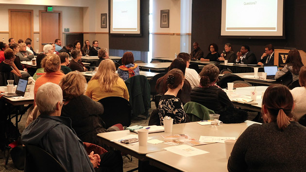 VUPD Assistant Chief Rick Burr and a panel of Vanderbilt administrators trained in crisis management addressed the University Staff Advisory Council at its November meeting to discuss protests, demonstrations and other types of events that may lead to unrest on campus. (Vanderbilt University)