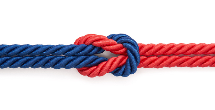 red and blue rope knotted together