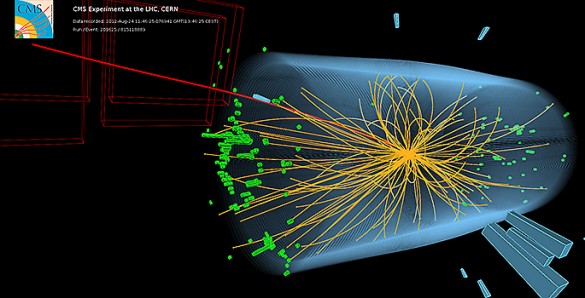 Illustration of rays of particles streaming out from collision point