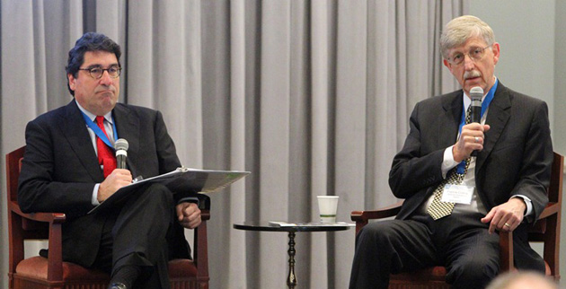 Chancellor Nicholas S. Zeppos (left) moderated a discussion with Francis Collins, director of the National Institutes of Health, at the Global South Summit Nov. 14. (Steve Green/Vanderbilt)