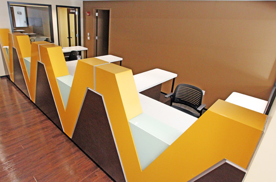 Teller windows at the newly renovated Vanderbilt Credit Union in Oxford House. (Steve Green/Vanderbilt)