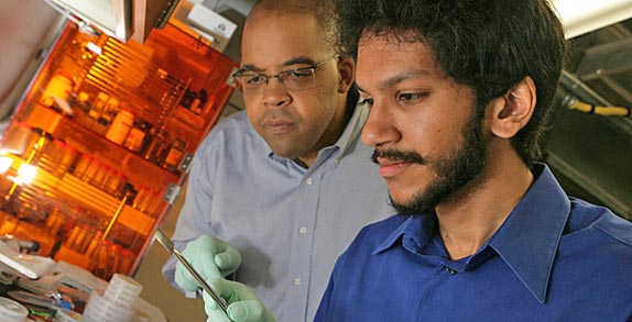 DickersonHassan570px Physicist James Dickerson, left, and graduate student Saad Hasan (Photo by Daniel Dubois)