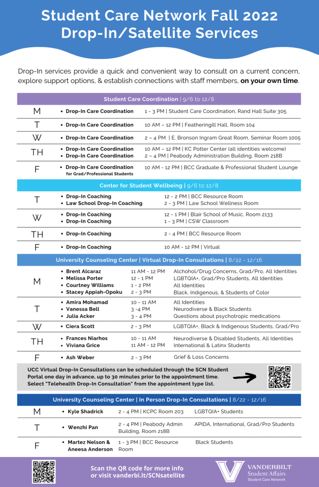 Student Care Network drop-in schedule