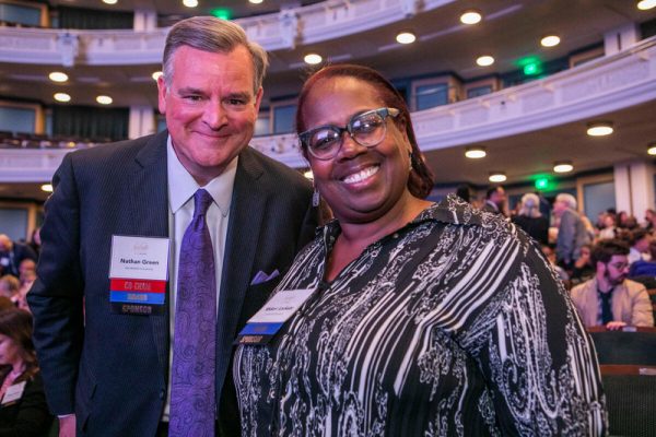 Vanderbilt Government and Community Relations' Nathan Green (left) and Midori Lockett. (Photo by Anne Rayner)