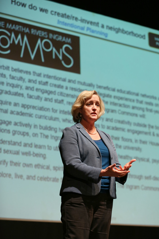 Vice Chancellor and Provost Susan R. Wente talks to a student audience in Sarratt Cinema about land-use planning for the West End neighborhood.