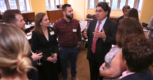 Chancellor Nicholas S. Zeppos (right) greets members of the 2017 cohort of the Vanderbilt Leadership Academy at the Sept. 7 kickoff event. (Vanderbilt University)