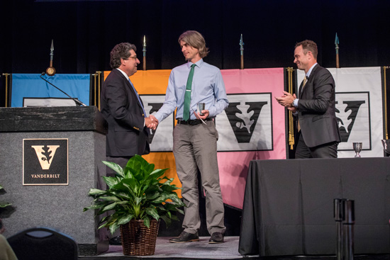 Chancellor Nicholas S. Zeppos, Chancellor’s Award for Research on Equity, Diversity and Inclusion co-winner Jason Grissom and Faculty Senate Chair Geoffrey Fleming. (John Russell/Vanderbilt)