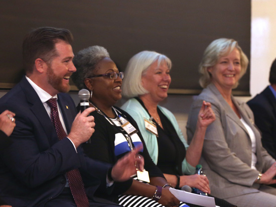 L-r: Vice Chancellor for Communications Steve Ertel, Interim Vice Chancellor for Equity, Diversity and Inclusion Tina L. Smith, Vice Chancellor and General Counsel Audrey Anderson and Provost and Vice Chancellor for Academic Affairs Susan R. Wente address members of the 2017 VLA cohort at the kickoff event. (Vanderbilt University)