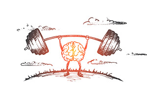 Illustration of a brain with arms and legs lifting weights