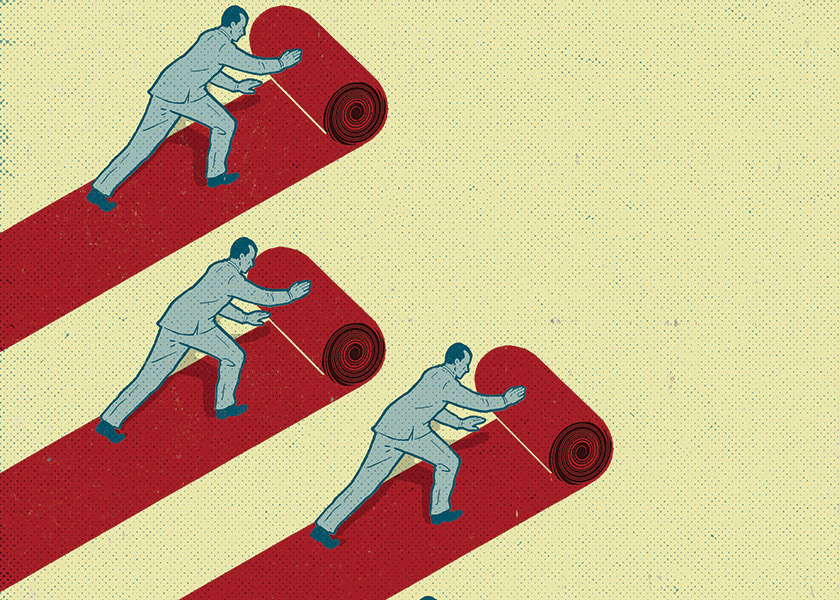 Illustration of three men in suits rolling out the red carpet