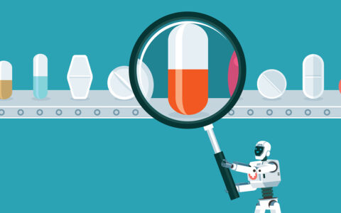 A robot using a magnifying glass to expand the view of a pill on a conveyor belt