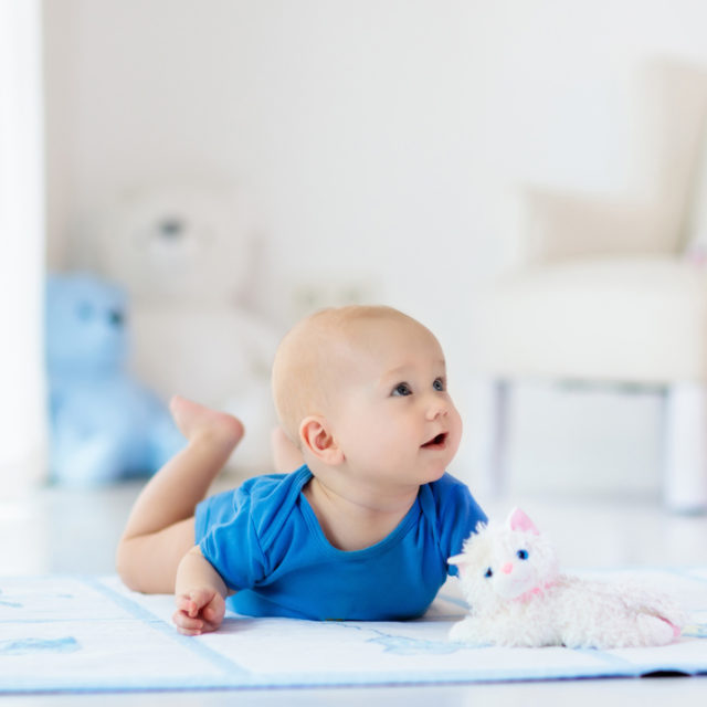 Baby laying on tummy on the floor learning how to walk