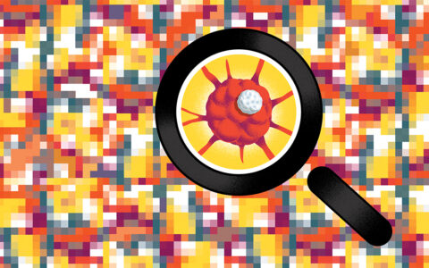 Illustration of a magnifying glass zooming in on a cancer cell in front of a multicolored array of pixels.