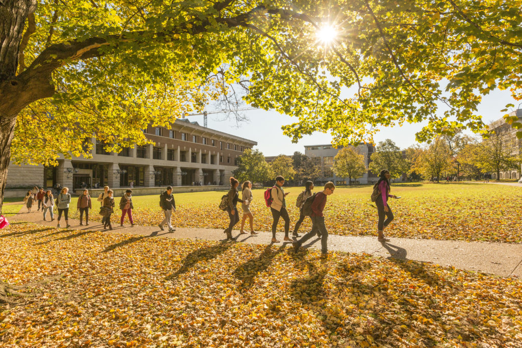 Students walking on campus in the fall