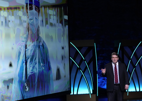 C. Wright Pinson, MBA, MD, discusses operational performance and additions to the Vanderbilt Health system. (photo by Donn Jones)