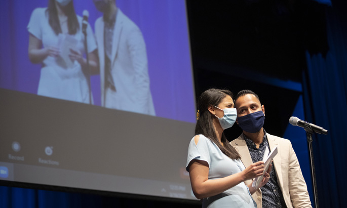 Pious Patel and Sanjana Salwi react as they learn their residency locations at last week's Match Day event. 