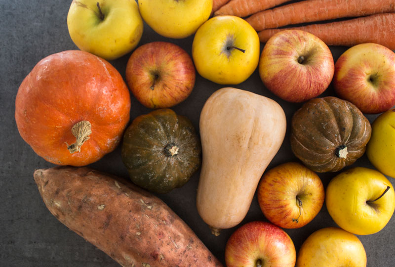 Closeup of fall fruit and vegetables