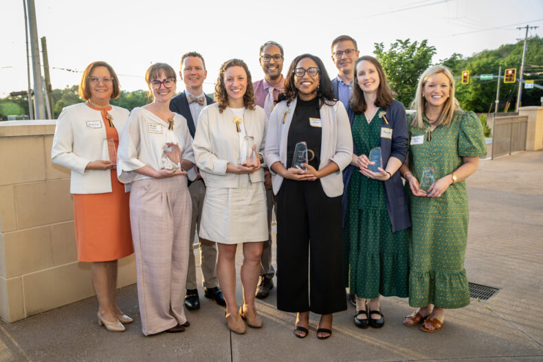 New Academy for Excellence in Educations members include, from left, Gisella Carranza Leon, MD; Megan Dupuis, MD, PhD; Alvin Jeffery, PhD, RN, CCRN, FNP-BC; Mackenzie Mosera, MAT, MS, MPH, CGC; Anuj Patel, MD; Uchenna Anani, MD; Kristopher Kast, MD; Stacy Killen, MD, MSCI; and Kaitlin Ray, MD. (photo by Erin O. Smith)