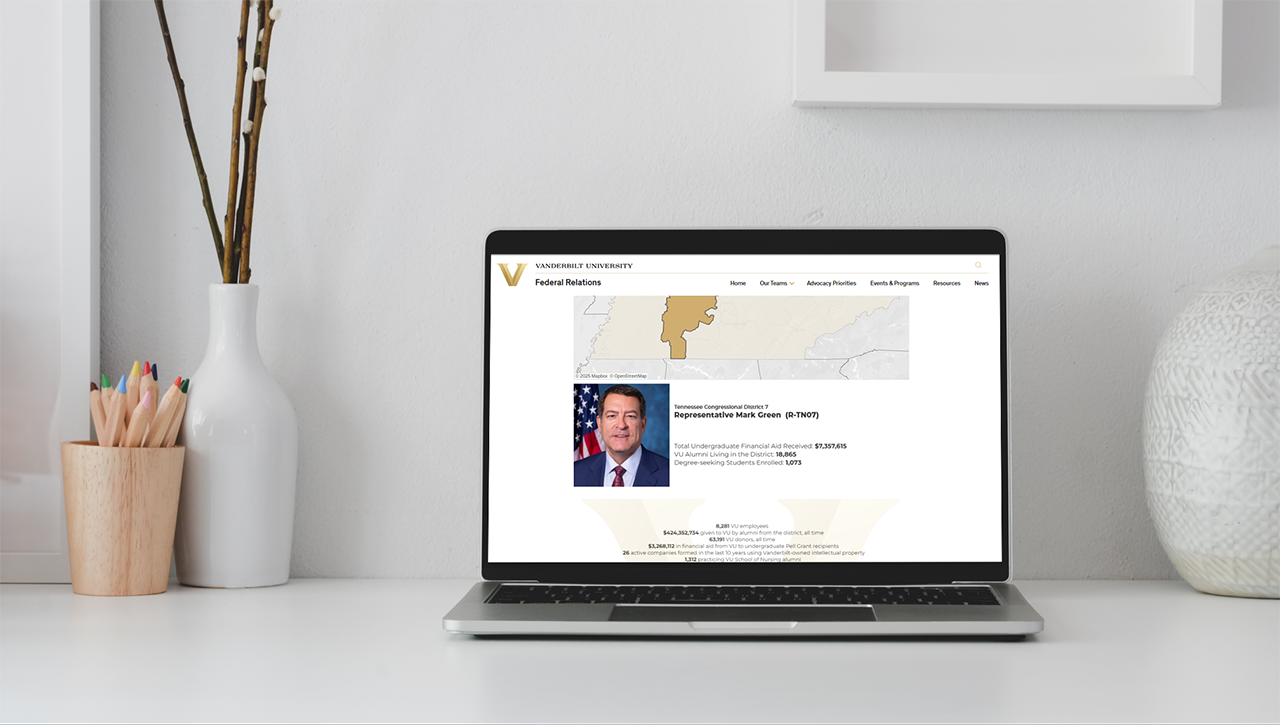 Laptop displaying a district impact webpage from Vanderbilt University's Federal Relations website.