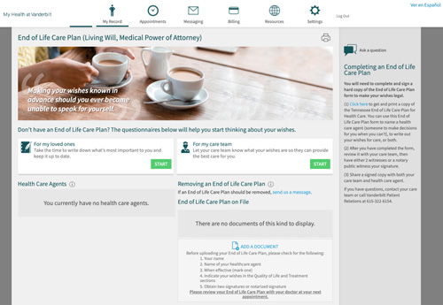 The End of Life Care Plan is easily accessible on My Health at Vanderbilt.