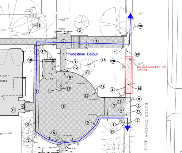Map of sidewalk closure at the School of Nursing