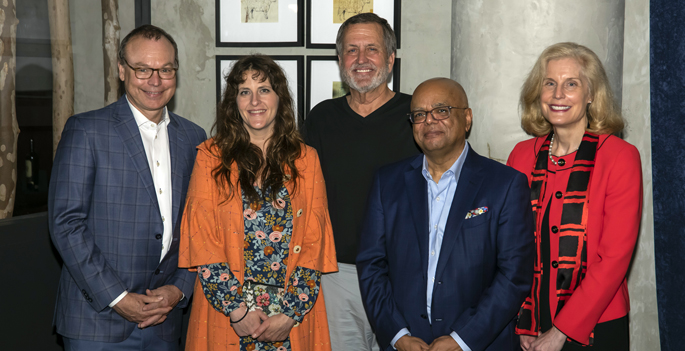 Liz and John Potocsnak, second and third from left, with Jeff Balser, MD, PhD, left, Rizwan Hamid, MD, PhD, and Jennifer Pietenpol, PhD.