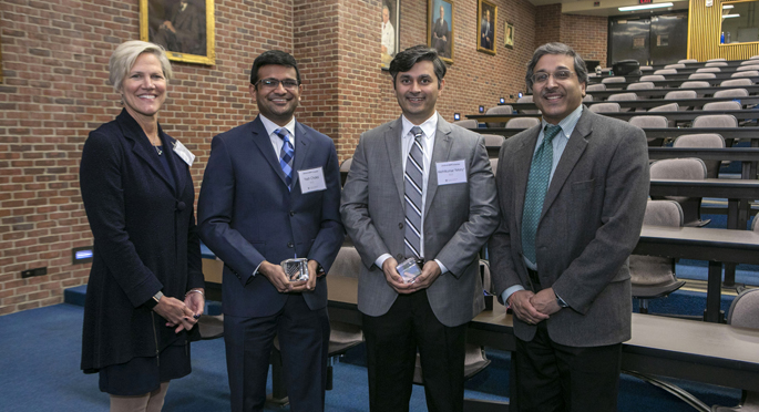 Speakers at the inaugural SCRIPS Spring Symposium (Supporting Careers in Research for Interventional Physicians and Surgeons) last week were, from left, Kelle Moley, MD, senior vice president and chief scientific officer of the March of Dimes; 2018 SCRIPS Scholars Yash Choksi, MD, and Akshitkumar Mistry, MD; and Anil Rustgi, MD, the T. Grier Miller Professor of Medicine and Genetics at the University of Pennsylvania’s Perelman School of Medicine and incoming director of the Herbert Irving Comprehensive Cancer Center in New York. The SCRIPS program is supported by the Burroughs Wellcome Fund.