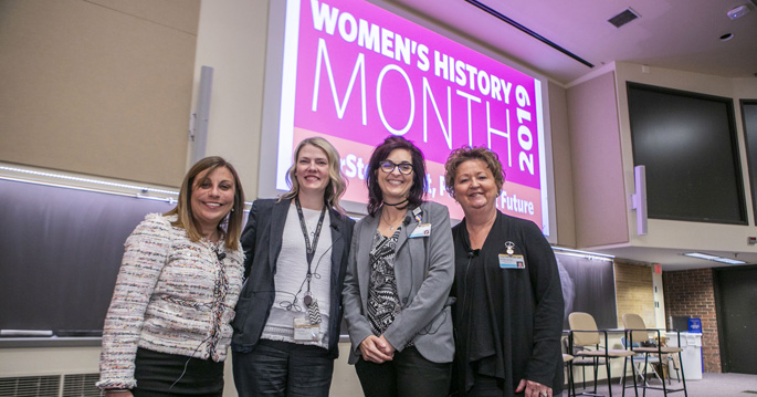 From left, VUMC administrative leaders Zeena Abdulahad, MPA, Sarah Hagovsky, MBA, Renee Boggs, MSN, RN, CPN, and Teresa Dail, RN, CMRP, recently participated in the Women’s History Month panel, spoke about their experiences in the workplace, and shared career advice.