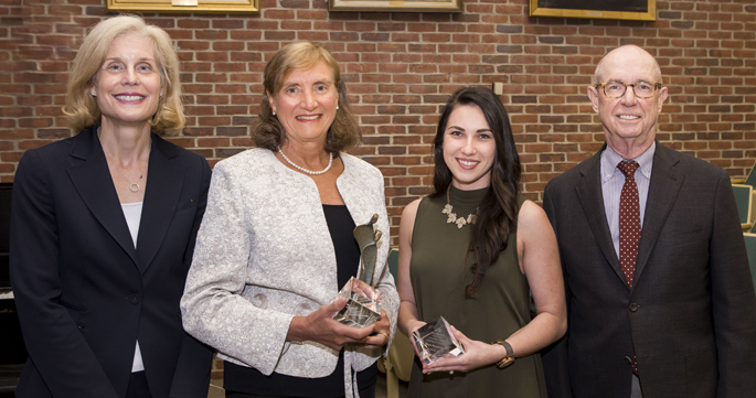 From left, Jennifer Pietenpol, PhD, VUMC Executive Vice President for Research, Vanderbilt Prize in Biomedical Science recipient Christine Seidman, MD, Vanderbilt Prize Scholar Megan Rasmussen and Lawrence Marnett, PhD, Dean of Basic Sciences, School of Medicine.