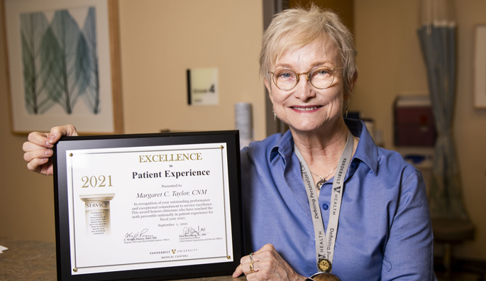 Margaret Taylor, DNP, CNM, received more than 30 patient survey responses and earned a perfect 100 score on those surveys during fiscal year 2021.